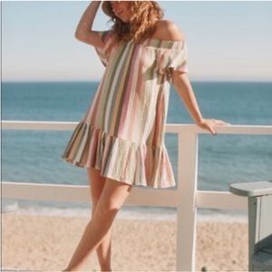 Marine Layer Shirley Off the Shoulder Dress in Bold Multi Stripe Size M